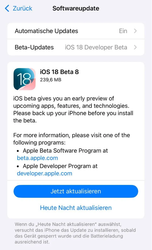 贵德苹果手机维修分享苹果 iOS / iPadOS 18 开发者预览版 Beta 8 发布 